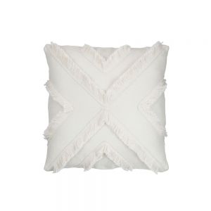 "Cross", en hvid sofapude med frynser som detaljer.